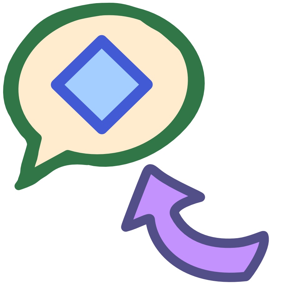 An off white speech bubble with a dark green outline has a blue diamond shape inside it. A curved purple arrow points up at the speech bubble.